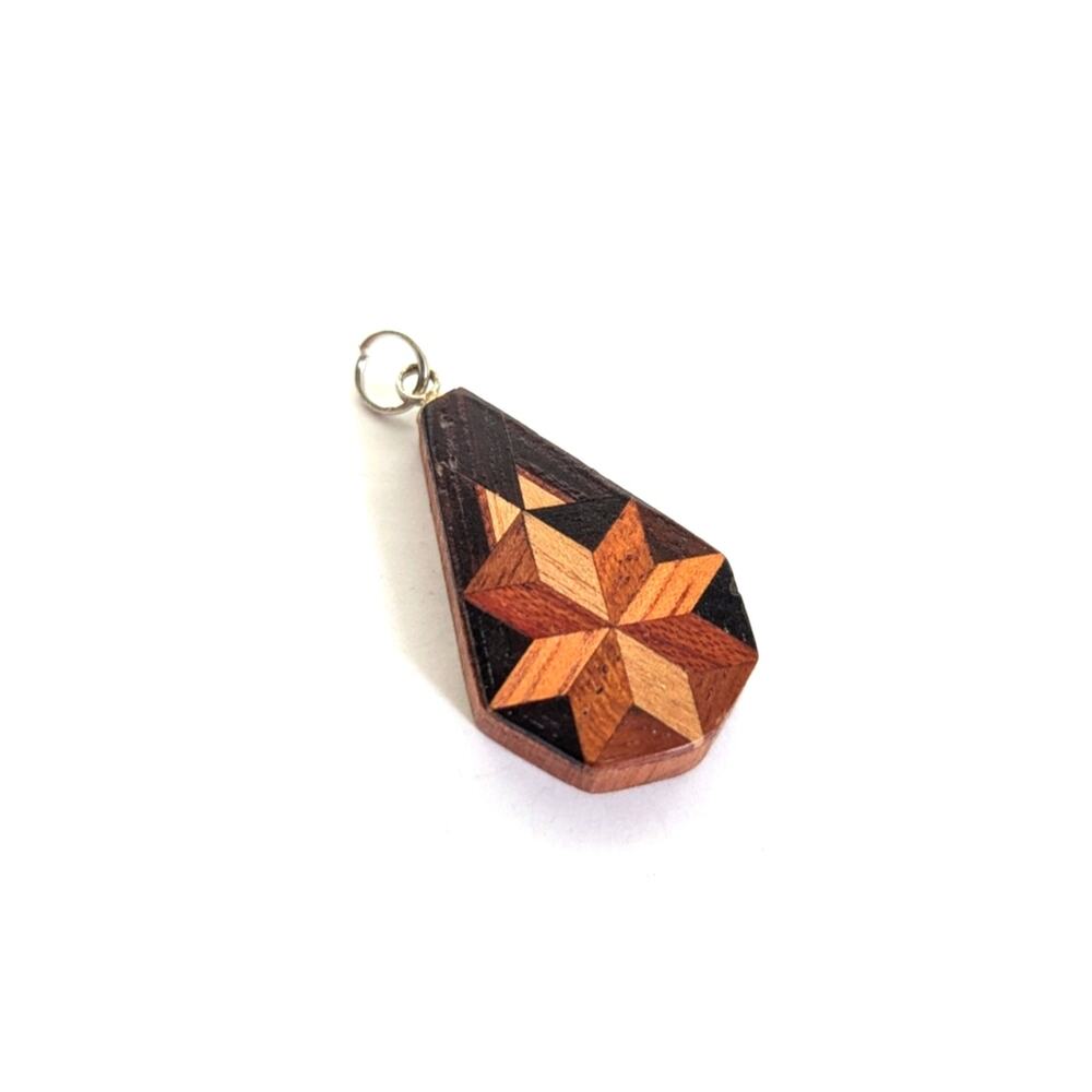 Vintage Wood Inlay Star Folk Art Starburst Geometric Necklace Pendant
